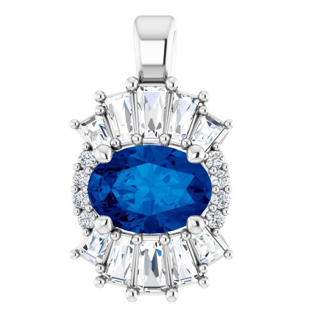 14K White Natural Blue Sapphire & 1/3 CTW Diamond Pendant
